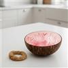 cocovibes, ciotola in noce di cocco, realizzata a mano, decorazione straordinaria, laccata di rosa, rosso e bianco