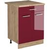Vicco Mobiletto base cucina R-Line, Rosso lucido/Rovere dorato 60 cm | 2 Ante · Piano di lavoro incl. · Piedini regolabili in altezza · 1 Ripiano · ✓ Liberamente combinabile