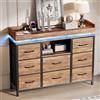 BSCFHCZ Cassettiera 8 Cassetti Stile Vintage Industriale con Luci LED e Prese Elettriche, Mobiletto Multiuso in Tessuto Effetto Legno Tigrato, Organizer Salvaspazio da Letto, Soggiorno e Gaming, 108x82x30cm
