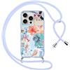 Yoedge Cover con Cordino per iPhone 15 Pro, Custodia con Laccio Collana Regolabile Tracolla Aesthetic Fiori Disegni, Morbida Silicone TPU Necklace Protettiva Corda Case per iPhone 15 Pro 6,1, Blu