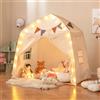 RELAX4LIFE Tenda da Gioco per Bambini fino a 3 Bambini, Tenda Multifunzionale con Luci da 4 m, Bandierine e 2 Finestre Laterali, Tenda Stabile per Giocare e Riposare, 3+Anni (BEIGE)