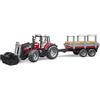 bruder 02046 - Massey Ferguson 7480 con caricatore frontale, rimorchio per trasporto legname, 3 tronchi, trattore