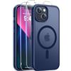 Qasyfanc Magnetica Cover per iPhone 13/14, Blu Scuro | Compatibile con MagSafe,con 2 Pezzi Vetro Temperato Pellicola, Cover Clear Slim Fit Antiurto Militare Antigiallo
