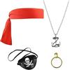 HXMJIED Set di 4 accessori per costume da pirata, include una toppa nera da pirata, bandana rossa da pirata, collana da pirata e orecchini a cerchio dorati per Halloween, feste pirate, cosplay, capitano