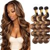 Shoaiye Human Hair Bundles Body Wave Capelli Veri Tessitura Unprocessed Remy Machine Weave Extensions Double Weft P4/27 Highlight Blonde Color 14 14 14 Inch