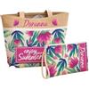 D&Vlab Kit Borsa e Pochette da Spiaggia Mare da Donna in tela iuta Personalizzabili con Nome, Shopper Grande e Borsello Estivi Beach Tote Bag Viaggi Shopping, PALME