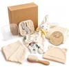 DRAKEWOOD Scatola 7 in 1 Neonato Beige Unisex Bambina Bambino Regalo Future Mamme | Set Baby Shower Telo Mussolina Coperta Comfort Coniglietto Cappello Bavaglino Spazzola Kit Unghie Disco Traguardo Nascita