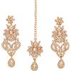Touchstone indiano Bollywood esemplare floreale filigrana tempestato diamante sguardo strass Designer Gioielli Chandelier Orecchini Mangtika testa Accessorio Combo in tonalità oro per le donne.