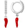 Remo Gammella Orecchini Donna Cerchio in argento 925 bagnato in Oro Bianco con Cornetto Rosso Pendente. Orecchini cornetto portafortuna argento 925.