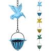 Gugxiom Catena antipioggia in metallo colorato, catena raccogli pioggia da 2 m, con 7 tazze d'acqua e 8 catene decorative rimovibili con colibrì, facile da installare, catena collettore per grondaia