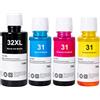 ANINGBOYZTZY Confezione di 4 flaconi di inchiostro 32XL nero, 31 ciano, magenta, giallo, compatibili con stampanti HP 32XL HP 31 e HP Smart Tank 5105 6005 7005 7305 7306