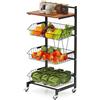 COSTWAY Carrello da Cucina a 4 Piani con Ruote, Piano in Legno | Carrello Portafrutta con Cestini Portaoggetti per Frutta e Verdura, Regolabili in Altezza e Rimovibili, 40x31x88 cm