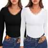 Crewhpo Maglietta Donna a Maniche Lunghe Scollo a V Pizzo Slim Fit | Mano Morbida, Pizzo sullo Scollo a V, Linea Slim, Maniche Lunghe, Look Casual Elegante, Jeans Ufficio Tempo Libero