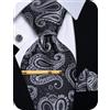 YourTies Set di cravatte da uomo con motivo cachemire floreale, in seta, fazzoletto quadrato e gemelli per matrimonio, feste, affari, Paisley bianco e nero, One Size