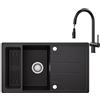 CECIPA Lavello Cucina 1 Vasca in Granito Nero - 78x45 cm con Rubinetto Estraibile, Vasca Singola con Cestello, Installazione Reversibile, Include Sifone e Gruppo di Scarico