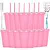 Yisituo Bicchieri per bambini con coperchio e cannuccia, 15 bicchieri di plastica, 486 ml, per feste, campeggio, viaggi (15, rosa)