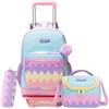 HTgroce Trolley Scuola Bambina Set 3 Pezzi Zaino Elementare con Carrello, Borsa per il Pranzo e Astuccio