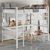 NovaFurnish Telaio letto in metallo, letto in ferro con scrivania, letto a soppalco con quattro piccoli ripiani e una grande libreria per bambini, ragazzi e adulti (bianco, 90 x 200 cm)
