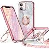 XYZ Cover per iPhone 11 con Cordino, Oro Rosa | Custodia con Cuore Doppio Anello Stand Lusso Glitter Cellulare, Donne Antiurto Placcato Morbido Protettivo Chiaro