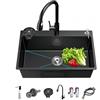 Ecoxsnz Lavello da cucina a tre fori, in acciaio inox, 60 x 45 cm, con dispenser per sapone, rubinetto, adatto per cucina, bar ed esterni (nero, 60 x 45 cm)