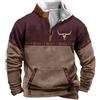Generisch Giacca in pile da uomo Western Cowboy Bull Head Print Pullover 1/4 cerniera colletto alto a maniche lunghe country felpa vintage maglione invernale harajuku stampa con tasche maglione da