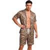 Duohropke Pigiama da uomo corto in raso, 2 pezzi, con stampa leopardata, camicia a maniche corte con bottoni e pantaloncini in tinta unita, biancheria da notte estiva in seta, tuta da notte, oro rosa