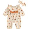 Loalirando Newborn Baby Girl Halloween Romper Pumpkin Print Jumpsuit Bowtie Ruffle Puff Long Sleeve Jumpsuit Bodysuit Headband Fall Outfits