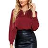 JASAMBAC Camicia da donna in raso, a maniche lunghe, con catena decorativa, elegante, in raso, per feste, da lavoro, in seta, rosso scuro, M