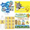 KAYOU Set di stoviglie usa e getta per feste a tema Tom e Jerry con adesivi, decorazioni di compleanno con gatto e topo dei cartoni animati per bambini e baby shower