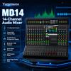 Yamnweo MD14, Mixer Audio Professionale a 14 Canali, 99 Effetti DSP Digitali di Riverbero, Registrazione Wireless Bluetooth USB, EQ a 3 Bande, Master Graphic a 9 Bande, Mute Indipendente,
