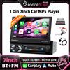 Podofo 1 Din 7 pollici Autoradio con schermo touch telescopico universale Carplay Bluetooth FM Lettore multimediale con supporto per scheda TF e ingresso audio USB