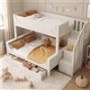Letto a Castello in Legno Bianco con Scala, Armadio e Cassetti Contenitore, Letto Singolo Superiore 90x200 cm, Letto Matrimoniale Inferiore 140x200 cm, Senza Materasso