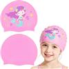 Huanmin Cuffia Nuoto Bambina 4-12 Anni in Silicone Rosa con Motivo Sirena, Cuffia Piscina Impermeabile, Elastico Antiscivolo per Capelli Lunghi e Corti