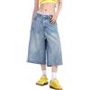 KBOPLEMQ Pantaloncini da donna Y2K vintage baggy in denim, pantaloni a zampa di elefante, pantaloni a vita alta, pantaloni casual, bermuda a ginocchio, pantaloni da strada in stile Harajuku, jeans streetwear