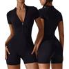 KBOPLEMQ Tuta corta da donna, aderente, per yoga, bodycon, a maniche corte, tutina da yoga, fitness, con chiusura lampo, tuta sportiva, Nero , S
