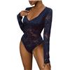 KBOPLEMQ Body da donna in pizzo, elegante, a maniche lunghe, con scollo a V, elegante, in rete, a collo alto, a maniche lunghe, da donna, Blu marino, L