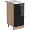 Vicco Mobiletto base cucina R-Line, Nero lucido/Rovere dorato 40 cm | 1 Cassetto · Piano di lavoro incl. · Piedini regolabili in altezza · 1 Anta · ✓ Liberamente combinabile