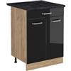 Vicco Mobiletto base cucina R-Line, Nero lucido/Rovere dorato 60 cm | 2 Ante · Piano di lavoro incl. · Piedini regolabili in altezza · 1 Ripiano · ✓ Liberamente combinabile