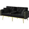 Azkoeesy Divano 2 posti con portabevande 175 cm, divano letto con funzione sleep, schienale regolabile in 3 posizioni, gambe in metallo dorato e borchie per soggiorno e home theater (nero)