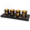 Yiomxhi Porta Candele Candeliere con Vassoio in Legno, 4 Portacandele in Vetro e Ciottoli, Candelabro Moderno per Feste Casa Tavolo Natalizie Decorazioni, Nero