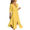 Generic Abito Elegante Donna - Vestito Chemisier Donna in Cotone Lino Tinta Unita, Abito Camicia Lungo con Bottoni, Colletto Risvolto, Coulisse Vita, Maniche Lunghe Casual Estivo