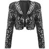 KBOPLEMQ Costume da carnevale da donna con paillette, cardigan, corto aperto, con brillantini, a maniche lunghe, elegante, bolero, sexy, metallizzato, da discoteca, per feste, clubwear, O nero.,