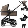 Deryan NOA Passeggino combinato 3 in 1, con seggiolino auto, passeggino multifunzione, con lettino, seggiolino sportivo e seggiolino, leggero e pieghevole, Nocciola