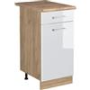 Vicco Mobiletto base cucina R-Line, Bianco lucido/Rovere dorato 40 cm | 1 Cassetto · Piano di lavoro incl. · Piedini regolabili in altezza · 1 Anta · ✓ Liberamente combinabile