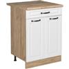 Vicco Mobiletto base cucina R-Line, Bianco country/Rovere dorato 60 cm | Frontale in MDF · + Piano di lavoro · Piedini regolabili in altezza · 1 Ripiano · Liberamente combinabile