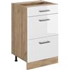 Vicco Mobiletto base per cucina R-Line, Bianco lucido/Rovere dorato 50 cm | 3 Cassetti · Senza piano di lavoro · Piedini regolabili in altezza · ✓ Facile accesso · ✓ Liberamente combinabile