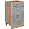 Vicco Mobiletto base per cucina R-Line, Calcestruzzo/Rovere dorato 50 cm | 3 Cassetti · Senza piano di lavoro · Piedini regolabili in altezza · ✓ Facile accesso · ✓ Liberamente combinabile