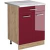 Vicco Mobiletto base cucina R-Line, Rosso lucido/Rovere dorato 60 cm | 2 Ante · Piano di lavoro incl. · Piedini regolabili in altezza · 1 Ripiano · ✓ Liberamente combinabile