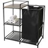 Spetebo Mensola da bagno nera con cesto portabiancheria integrato - 69 x 77 cm - Scaffale in metallo e tessuto con 3 ripiani - Scaffale per il bagno con sacchetto per la biancheria