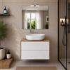 Yellowshop - Mobile Bagno Sospeso SHAPE-PLUS 80 cm, Lavabo da appoggio in Ceramica, Specchio e Applique, Arredo bagno, Design Moderno, 2 Cassetti Push - Vari Colori (Bianco & Rovere Chiaro)